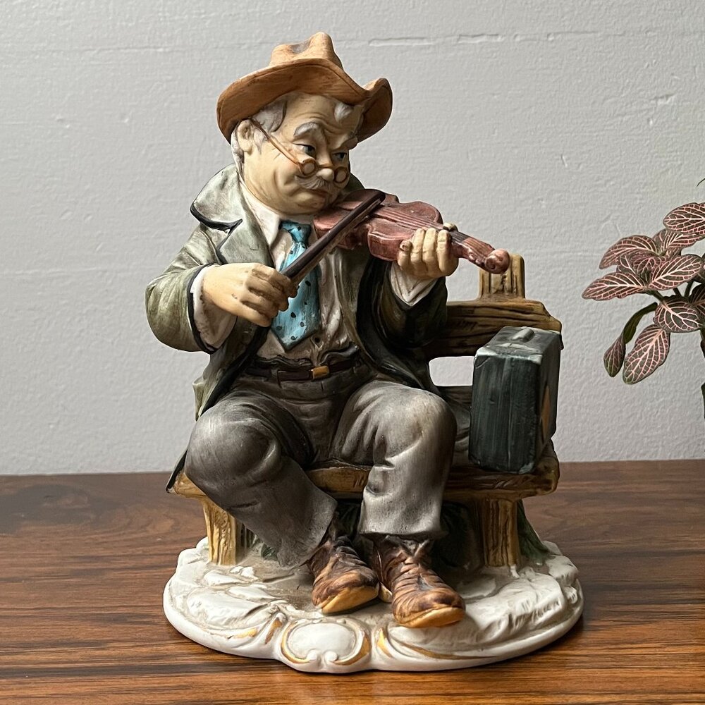 Hand Painted Man Playing Violin on Bench Figurine Japan